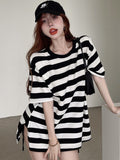 themeisles Striped T-shirts Women Slit M-4XL Streetwear Loose Summer Simple Short Sleeve All-match Students Ulzzang Fashion Casual Ins BF