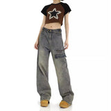 themeisles Hong Kong Style Retro High Waisted Workwear Jeans, Women's Summer New Unique Design, Straight Pocket, Floor Long Pants