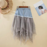 themeisles Summer Denim Jeans Skirt Women Y2K Irregular High Waisted Tulle Skirts Mesh Patchwork Pockets Pleated Mid-Calf Tutu High Street