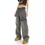 themeisles Hong Kong Style Retro High Waisted Workwear Jeans, Women's Summer New Unique Design, Straight Pocket, Floor Long Pants