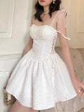 themeisles White Strap Dress  Spring Summer New Sexy Holiday Fashion Slim Waist Hollow Tie Short Mini Dress For Women