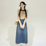 themeisles Retro Denim Skirt For Women Spring And Autumn New Summer Mid Length Slim A-line Split Long Skirt Skirt