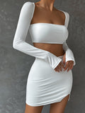 themeisles 2 PCS Sexy White Mini Dress Set Long Sleeve Top Summer Skirts Suits Bodycon Women Party Short Split Dress Suit