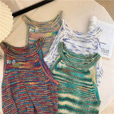 themeisles Colorful Striped Summer Tanks Tops Women Korean Rainbow Sleeveless Shirts Top O-Neck Slim Knitted Top Slim Sexy Streetwear