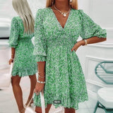 themeisles Women Summer Fashion Bohemian Dress Nipped Waist Pullover Deep V Neck Beach Dress Print Short-sleeve Floral Bright Dress