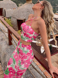BACK TO COLLEGE  Woman Outfit Floral Print Evening Party Dress Two Piece Set Summer Halter Neck Corset Tops and Long Skirts Suit Streetwear