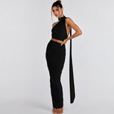 BACK TO COLLEGE  Elegant Women's Summer Two-piece Set Fashion Bandage Halter Crop Top High Waist Bodycon Skirts Evening Party Black Dress