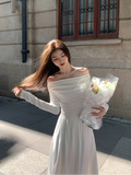 themeisles Autumn Fashion White Knitted Dress Women Elegant Sexy Off Shoulder Slim A-Line Robe Korean Spring Casual Long Sleeve Clothing