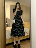 themeisles Vintage Black Square Collar Bandage Puff Sleeve Print Chiffon Midi Maxi Dresses for Women Party Dress Korea Clothing Summer