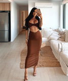 themeisles Summer 2 Pieces Set Women New Arrivals Sexy Crop Top and Skirt Set Elegant Brown Bodycon Dress for Party Club