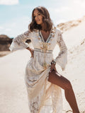 themeisles Summer Elegant Dresses for Women Tunic Fashion Robe Longue Beach Dress Sexy Lace Long Sleeve  White Robe Vestido Pareos