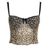 themeisles Leopard Print Mesh Camis Streetwear Y2K Vintage Lace Bow see Through Sexy Summer Backless Crop Top Women Mini Vest