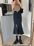 themeisles Black Denim Long Skirt Women Vintage High Waist Split Bodycon Ruffles Pencil Mermaid Midi Skirt Summer Japanese Fashion