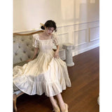 themeisles Elegant Square Collar White Dress Summer Fashion Puff Sleeve Ruffle Dress for Women  Chic Vintage Maxi Dresses