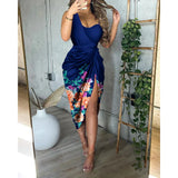 themeisles Summer Women Elegant Spaghetti Strap Ruched Irregular Party Dress Women Temperament Split Slim Ladies Office Dresses