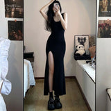 Black Sleeveless Strap Dress Women Sexy Slim Fit Side Slit Irregular Maxi Dress woman Summer Korean Simple One piece Dresses