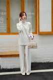 Women Solid Knit Sweater Suit Autumn Winter Casual Turtleneck Pullover High Waist Wide Leg Pants Elegant 2 Piece Sets Lazy Style