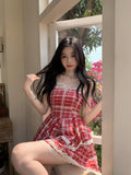 themeisles Kawaii Countryside Style Lace Ruffles Princess Dresses Women Sweet Lolita Plaid Harajuku Fashion Evening Party Mini Dress Summer