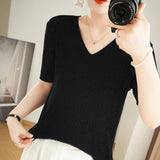 themeisles Women Sweater Short Sleeve Spring Summer Knitwears Korean Fashion Stripe Pullovers Slim Fit Knit Tops Casual V-neck Jumpers