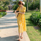 themeisles Summer Bohemian Yellow Women's Senior Sense Chiffon V-neck High Waist Thin Temperament Elegant Fashion Seaside Resort Long Dress