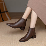 themeisles Women Ankle Boots Mid Heels Dress Shoes Woman Ol Office Lady Shoes Winter Botines with Zipper Black Botas De Mujer Brown