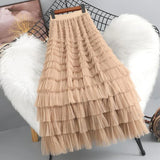 themeisles  New Spring Summer Women High Waist Slim Long Skirt High Quality Lolita Style Sweet Multilayered Mesh Patchwork Cake Skirt