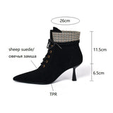 themeisles Autumn Boots   NEW Fall Shoes Women Pointed Toe High Heel Shoes Sheep Suede Thin Heel Shoes Plaid Ankle Boots Women Mature Lace-up Modern Boots