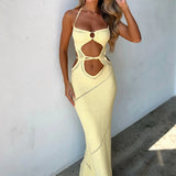 themeisles Chic Women's Sleeveless Knit Long Dress Summer Spring Solid Color Halter Front Cutout Back Tie-Up Slim Maxi Dress Party