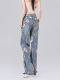 themeisles Street Printed Jeans, Female Niche Design, Trendy Vibe High Waisted Drape, Straight Leg Wide Leg Long Pants, Women's Jeans