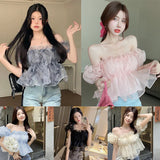 themeisles Short Puff Mesh Sleeves Women's Off shoulder Chiffon Top Lace Sweet Square Neck Sexy Sweet Spring Summer Casual Streetwear