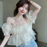 themeisles Short Puff Mesh Sleeves Women's Off shoulder Chiffon Top Lace Sweet Square Neck Sexy Sweet Spring Summer Casual Streetwear