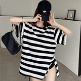 themeisles Striped T-shirts Women Slit M-4XL Streetwear Loose Summer Simple Short Sleeve All-match Students Ulzzang Fashion Casual Ins BF