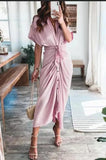 themeisles Women Summer Elegant Button Ruched Bandage Shirt Dress Fashion Casual Short Sleeve Solid V Neck Beach Maxi Dress