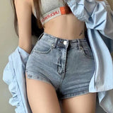 themeisles Blue Denim Shorts Women Sexy High Waist Buttons Pockets Slim Fit Shorts  Summer Beach Streetwear Jeans Shorts