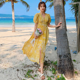 themeisles Summer Bohemian Yellow Women's Senior Sense Chiffon V-neck High Waist Thin Temperament Elegant Fashion Seaside Resort Long Dress