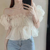 themeisles Short Puff Mesh Sleeves Women's Off shoulder Chiffon Top Lace Sweet Square Neck Sexy Sweet Spring Summer Casual Streetwear