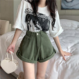 themeisles Shorts Women Loose All-match Retro Green Fashion Empire Ladies Ulzzang Mujer Trouser Summer Solid Simple Student Prevalent New