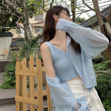 themeisles Shirts Women Hole Temperament Sun-proof Ins Vacation Thin Korean Style Sheer Off-shoulder BF Summer Students Beach