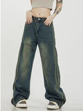 themeisles Vintage Washed Old High Street Side Striped Jeans Women's Loose Wide Leg Slim Pants Women's Jeans