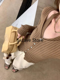 themeisles  Autumn V-Neck Knitted Cardigan Women Pure Color Casual Long Sleeve Slim Sweater Office Lady Y2k Crop Tops Female Korean