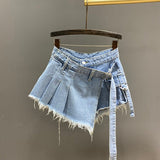 Irregular Pink Denim Skirt Women's Summer High Waist Slimming False Two-Piece A- Line Workwear Short Mini Skirts