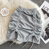 themeisles Draw String Cotton Mini Skirt Girls Summer Elastic Waist Grey Black Split Folds Skirts Women Sexy Bottoms