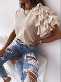 themeisles Women Summer Ruffles Short Sleeve Loose T Shirt Chic Elegant Solid O Neck Tops Casual Simple All Match Tee Streetwear Blouse