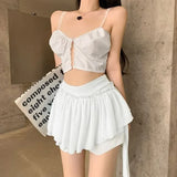 themeisles Ruffle Mini Skirt Women Chiffon Patchwork Ribbon Blue High Waist Fairycore Tulle Skirt Shorts Cute Sexy Skort Summer