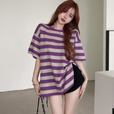 themeisles Striped T-shirts Women Slit M-4XL Streetwear Loose Summer Simple Short Sleeve All-match Students Ulzzang Fashion Casual Ins BF