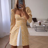 themeisles Elegant Patchwork Strap Dress Women High Split Backless Tube Top Dot Slim Vestidos Summer Sexy Fashion V-Neck Lady Robe