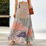 themeisles Summer Long Patchwork Print A-Line Skirt Floral Skirt Women Casual Beach Faldas Female Boho Elastic Waist Holiday Maxi Skirts