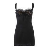 themeisles Spring Summer New Sexy Casual Lace Stitching Wavy Collar Halter Straps Bag Hip A-Line Short Mini Dress Women