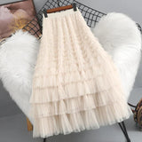 themeisles  New Spring Summer Women High Waist Slim Long Skirt High Quality Lolita Style Sweet Multilayered Mesh Patchwork Cake Skirt