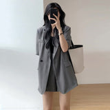 themeisles  Summer Retro Korean Version of the Temperament Short-sleeved Suit Jacket + Shorts Set Casual Loose Suit Two-piece Female